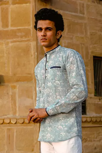 Ice grey cotton full sleeve Short kurta for mens