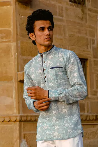 Ice grey cotton full sleeve Short kurta for mens