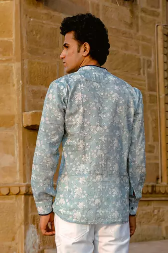 Ice grey cotton full sleeve Short kurta for mens