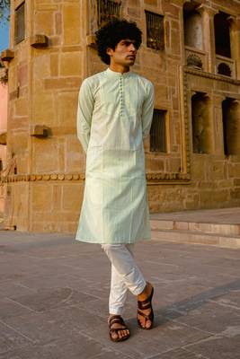 Pista green cotton full sleeve kurta for mens 1