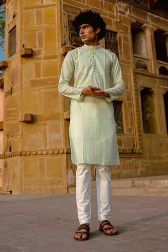 Pista green cotton full sleeve kurta for mens