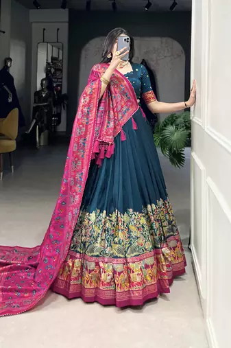 Teal Blue Tussar Silk Festive Wear Lehenga Choli Set