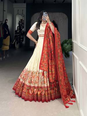 Off-White Foil Work Tussar Silk Lehenga Choli 1