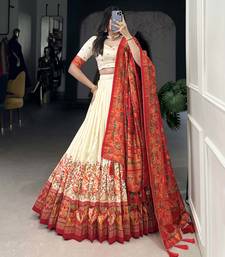 Off-White Foil Work Tussar Silk Lehenga Choli