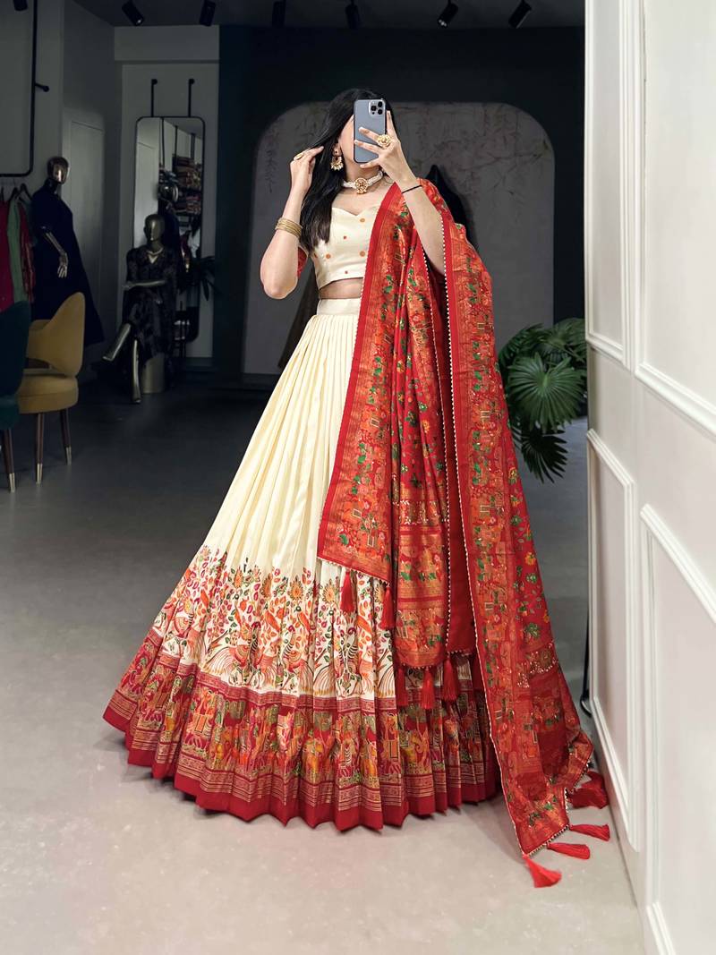 Off-White Foil Work Tussar Silk Lehenga Choli