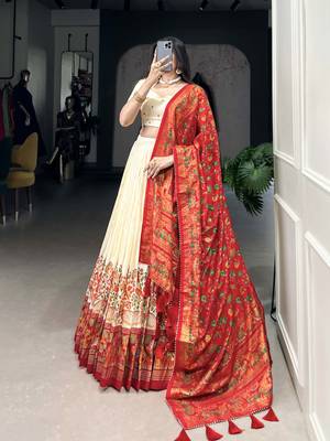 Off-White Foil Work Tussar Silk Lehenga Choli 3