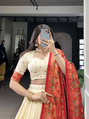 Off-White Foil Work Tussar Silk Lehenga Choli 5