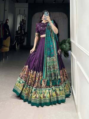 Wine Foil Work Tussar Silk Lehenga Choli With Dupatta 1
