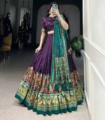 Wine Foil Work Tussar Silk Lehenga Choli With Dupatta