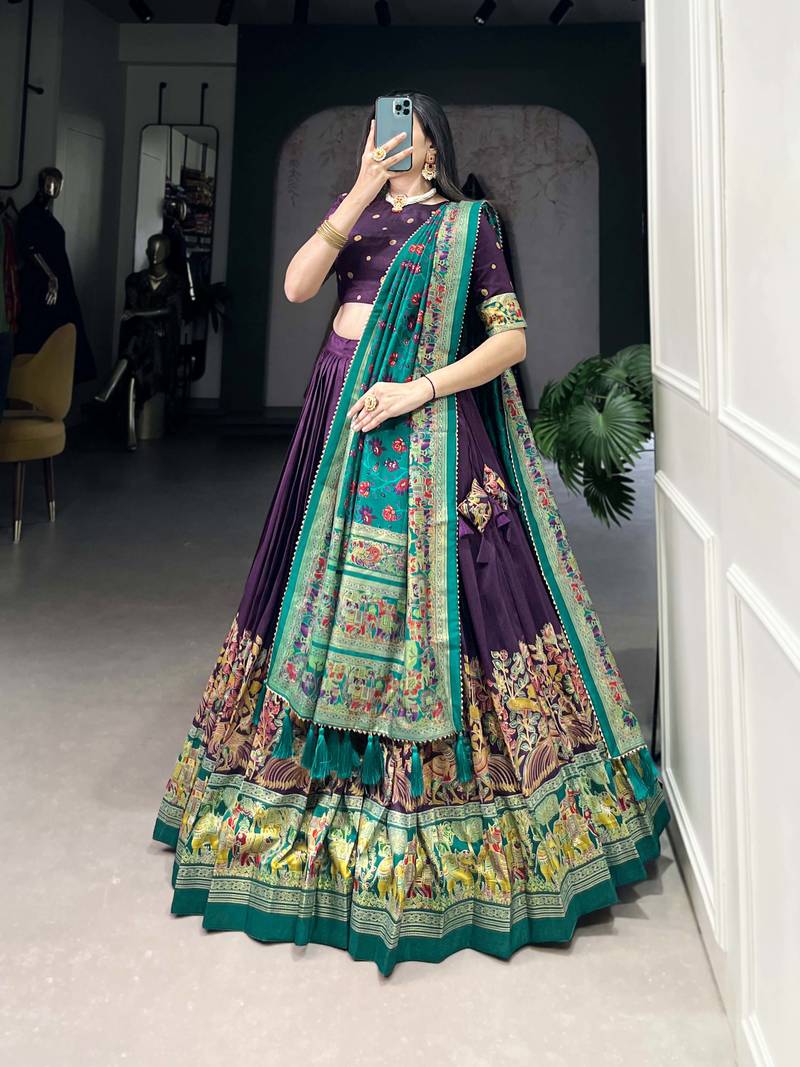 Wine Foil Work Tussar Silk Lehenga Choli With Dupatta