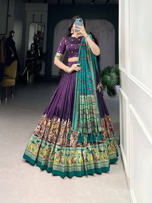 Wine Foil Work Tussar Silk Lehenga Choli With Dupatta 3