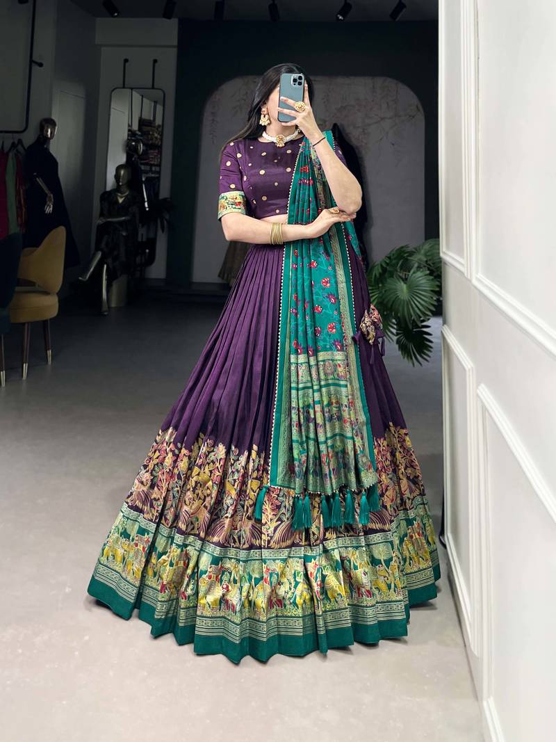 Wine Foil Work Tussar Silk Lehenga Choli With Dupatta