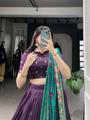 Wine Foil Work Tussar Silk Lehenga Choli With Dupatta 5