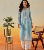 Hand embroidered blue georgette lucknow chikankari kurta and slip with gota patti work