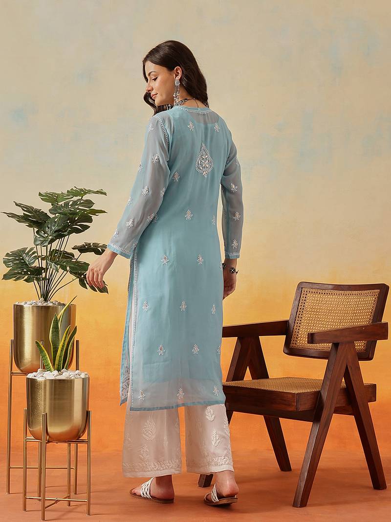 Hand embroidered blue georgette lucknow chikankari kurta and slip with gota patti work