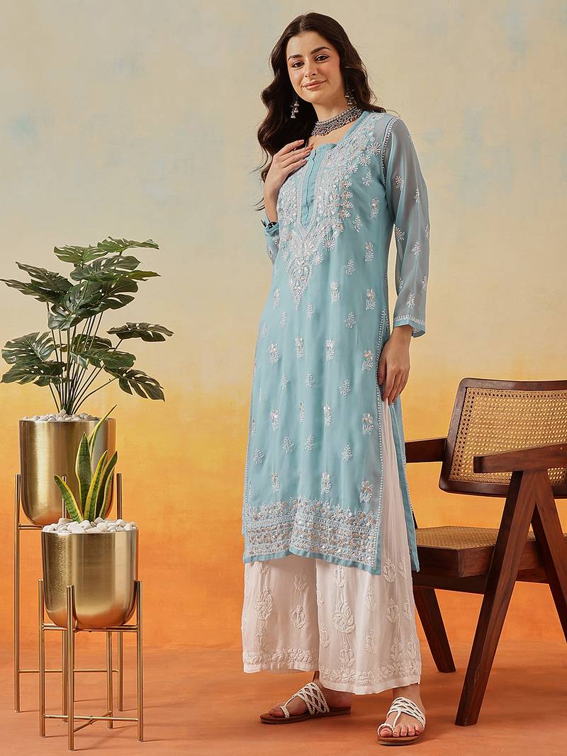 Hand embroidered blue georgette lucknow chikankari kurta and slip with gota patti work
