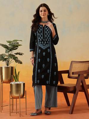 Hand embroidered black cotton lucknowi chikankari straight kurta 1