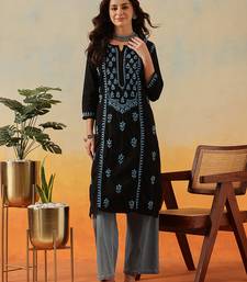 Hand embroidered black cotton lucknowi chikankari straight kurta