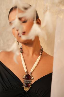 Avira long necklace set with maroon gemstone and peacock pendant 2