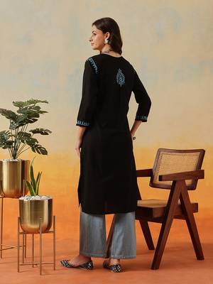 Hand embroidered black cotton lucknowi chikankari straight kurta 2
