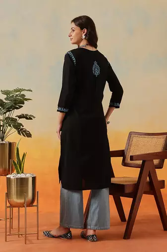 Hand embroidered black cotton lucknowi chikankari straight kurta