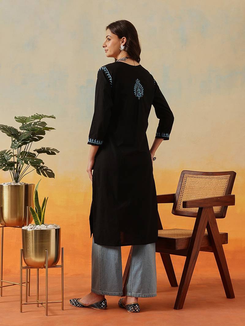 Hand embroidered black cotton lucknowi chikankari straight kurta