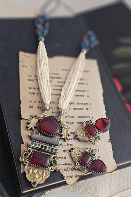 Avira long necklace set with maroon gemstone and peacock pendant 1