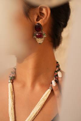Avira long necklace set with maroon gemstone and peacock pendant 3