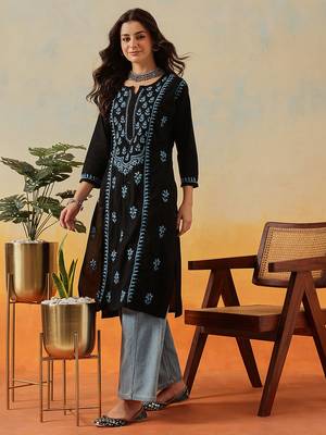 Hand embroidered black cotton lucknowi chikankari straight kurta 3