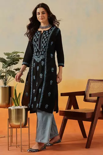 Hand embroidered black cotton lucknowi chikankari straight kurta