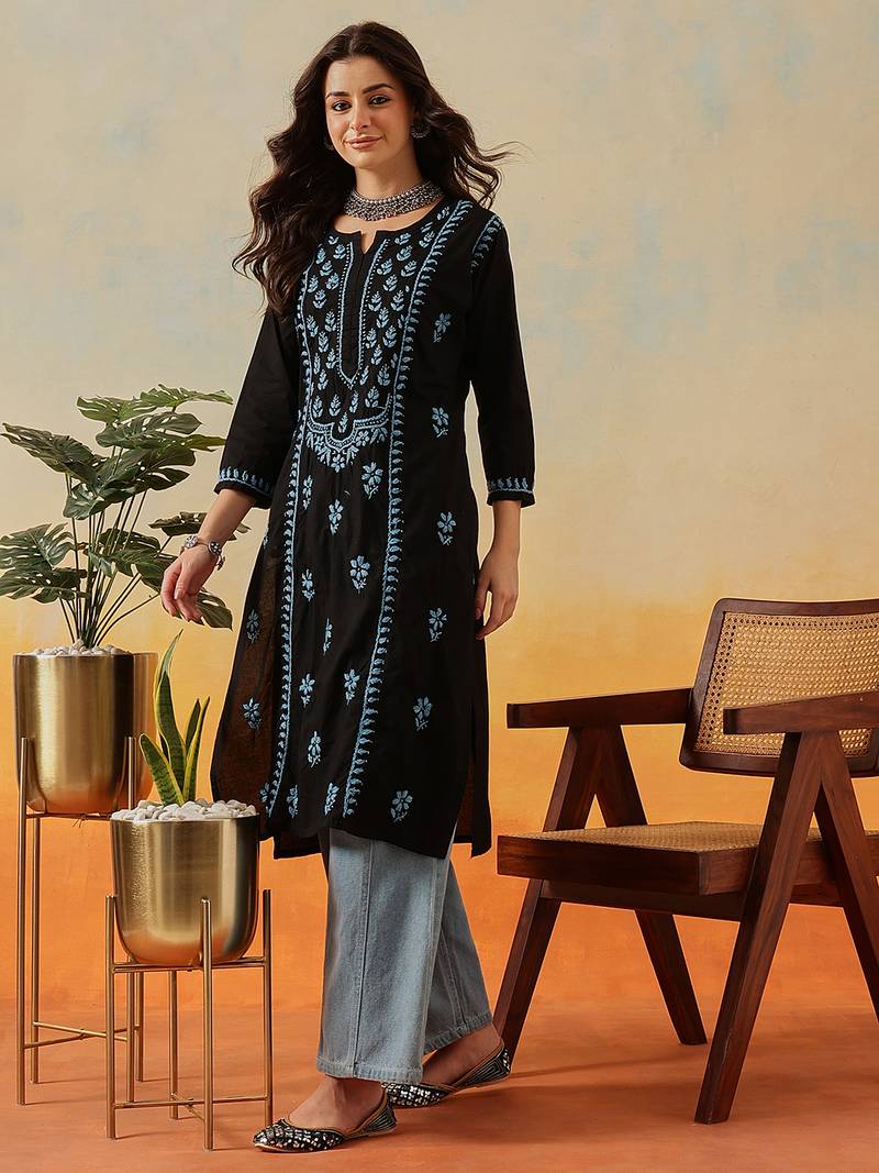 Hand embroidered black cotton lucknowi chikankari straight kurta