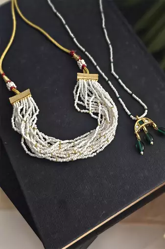 Leana white beaded choker and crescent pendant necklace combo