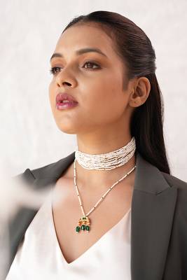 Leana white beaded choker and crescent pendant necklace combo 3