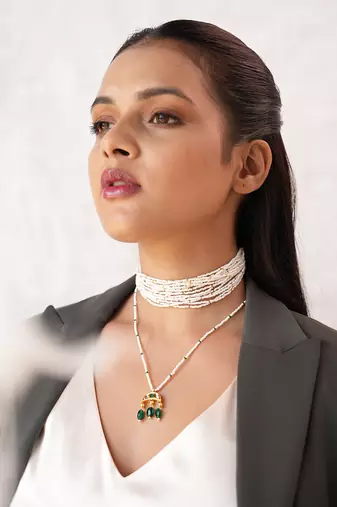 Leana white beaded choker and crescent pendant necklace combo