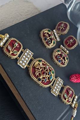 Tisha handmade red meenakari choker set 2