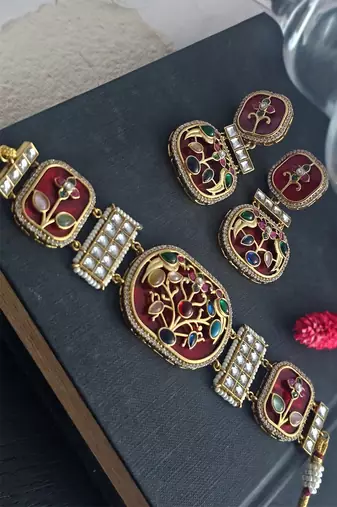 Tisha handmade red meenakari choker set