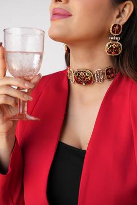 Tisha handmade red meenakari choker set 3