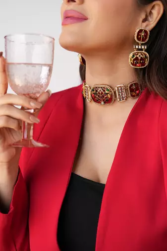 Tisha handmade red meenakari choker set