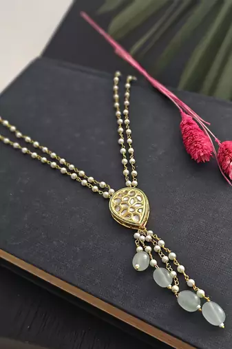 Anaya pearl necklace with teardrop kundan pendant and dangling pearls