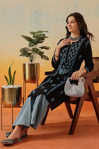 Hand embroidered black cotton lucknowi chikankari straight kurta