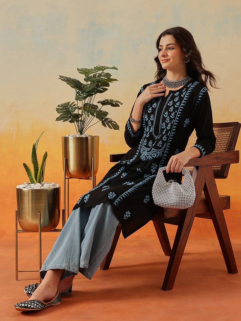 Hand embroidered black cotton lucknowi chikankari straight kurta