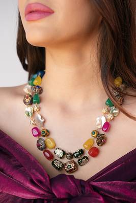 Mireille two-layer necklace with multicolor hand-painted quartz stones 1