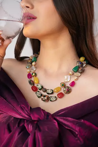 Mireille two-layer necklace with multicolor hand-painted quartz stones