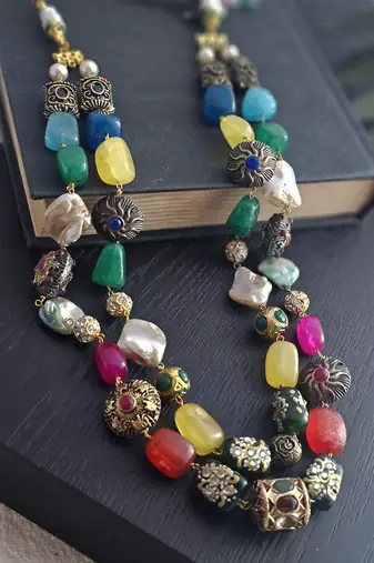 Mireille two-layer necklace with multicolor hand-painted quartz stones