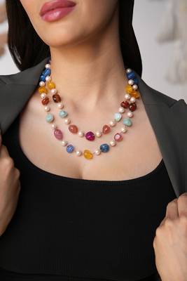 Amaris multicolor semi-precious quartz and pearl necklace set 1