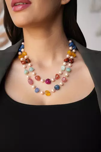 Amaris multicolor semi-precious quartz and pearl necklace set