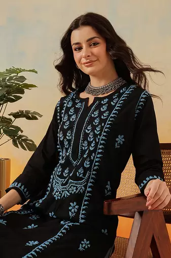 Hand embroidered black cotton lucknowi chikankari straight kurta