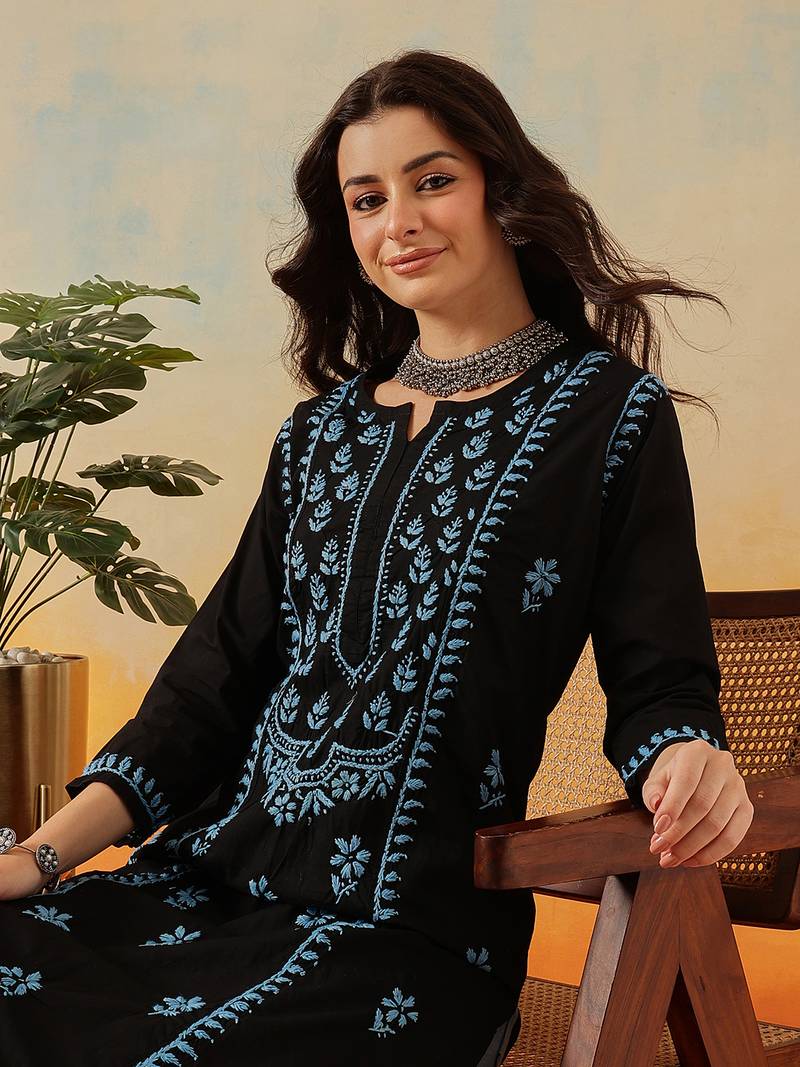 Hand embroidered black cotton lucknowi chikankari straight kurta