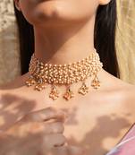 Varnika layered pachi kundan pearl choker necklace with gold beaded pendants
