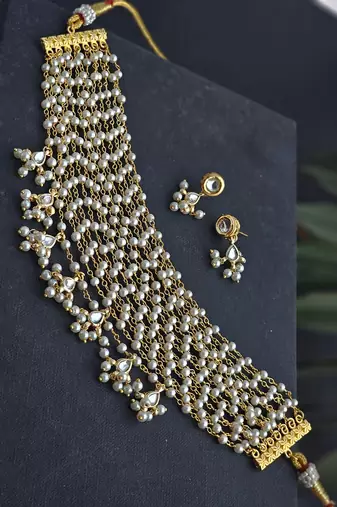 Varnika layered pachi kundan pearl choker necklace with gold beaded pendants